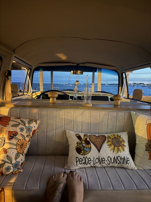 Evening interior shot of Darla the VW bus at the marina