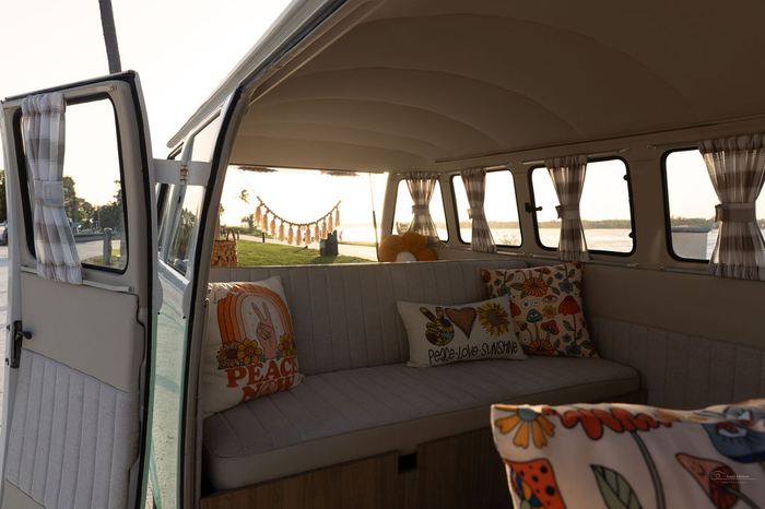 Interior view through Darla's open door at sunset