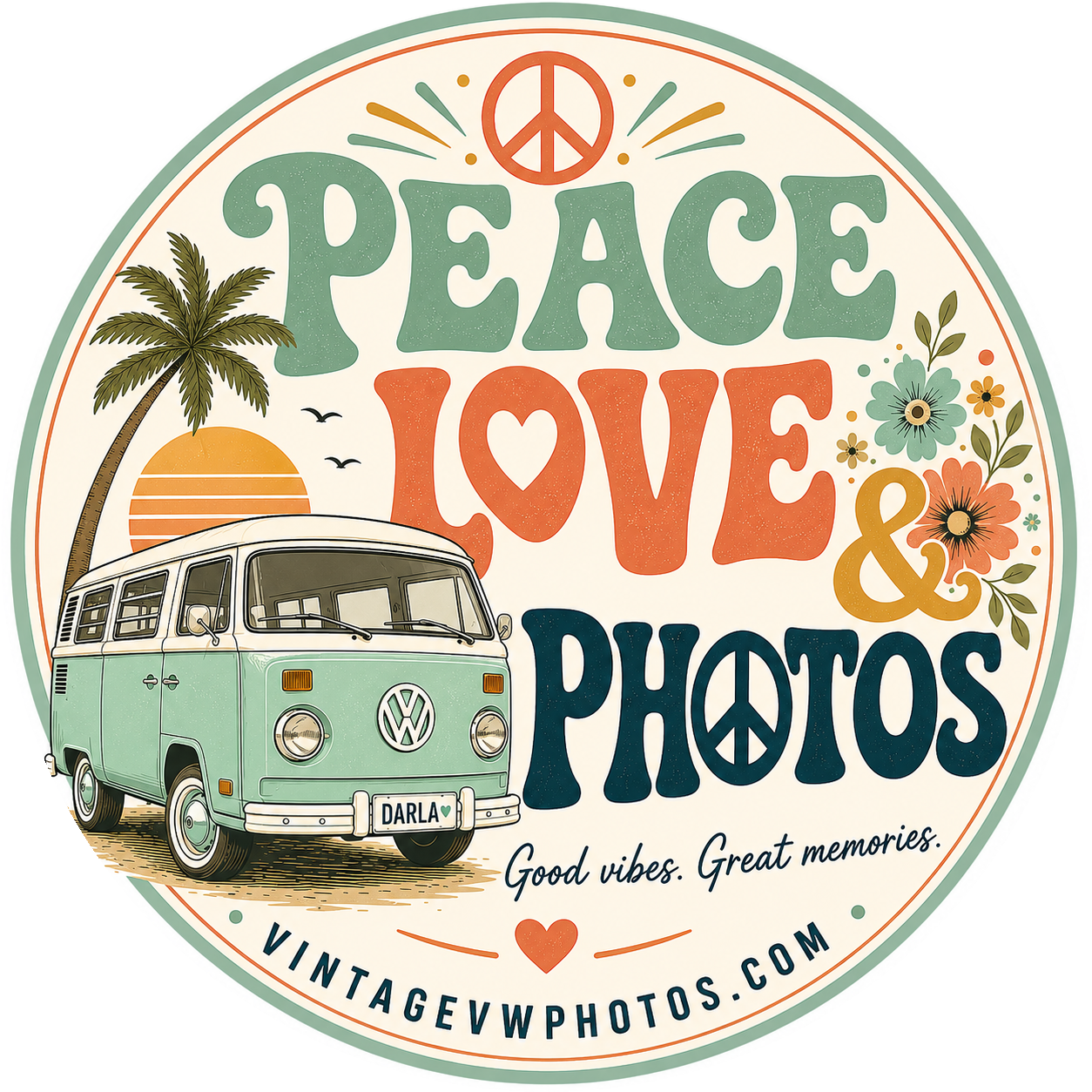 Peace Love & Photos retro badge featuring Darla the VW bus