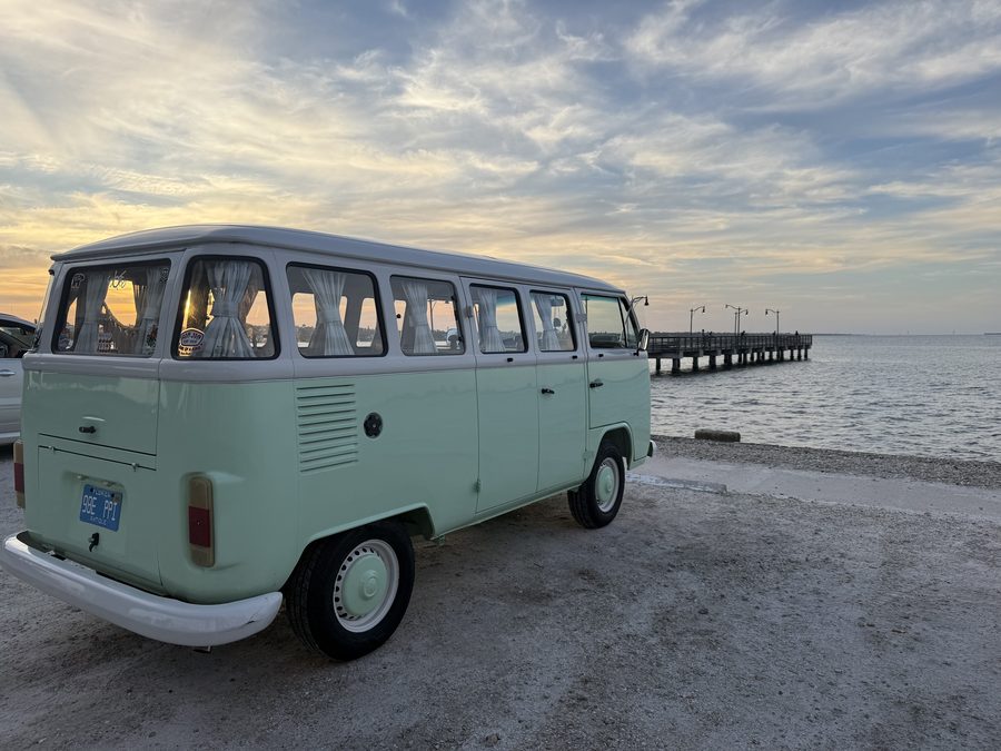 Darla the VW bus at the beach at sunset